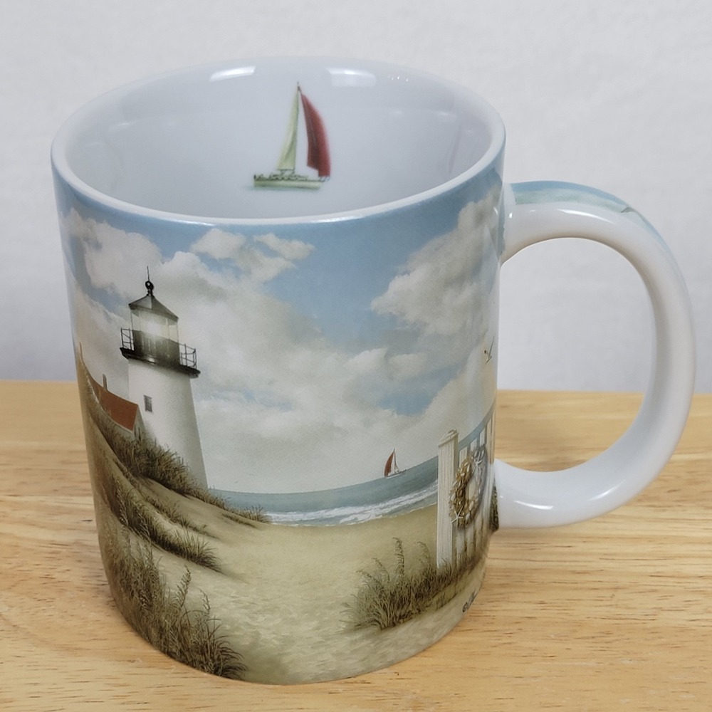 Vintage Cape Shore Lighthouse Coffee Mug Beach Ocean Sailboat Ceramic Cup 14oz